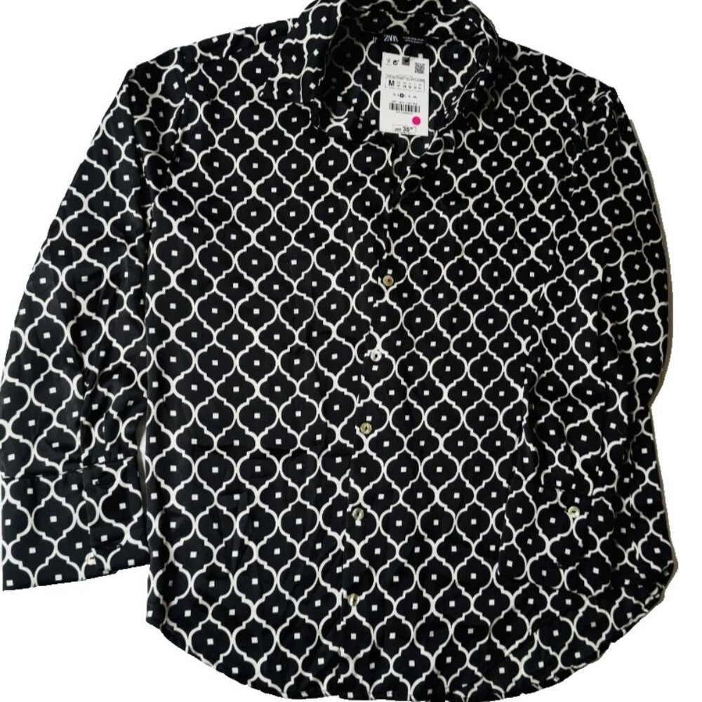 ZARA Women's Satin Blouse – Abstract Black/beige Print Size M – New